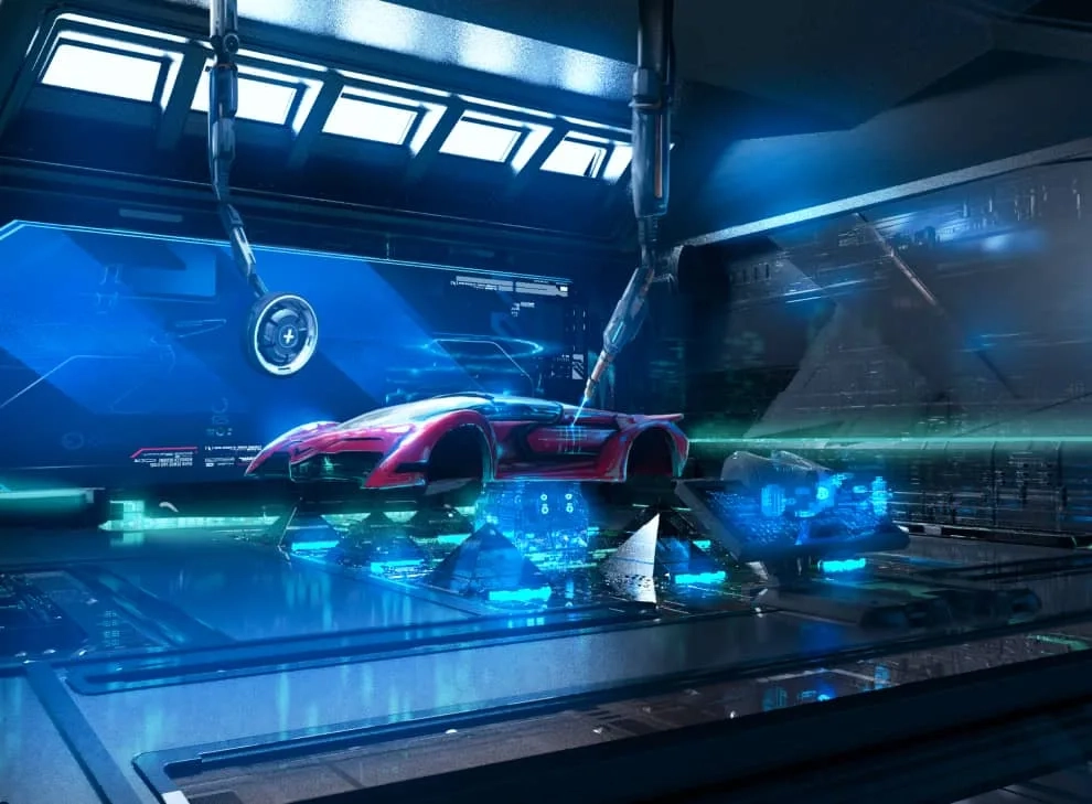 Nitro League 3D garage concept: a red race car on an assembly platform under robotic arms