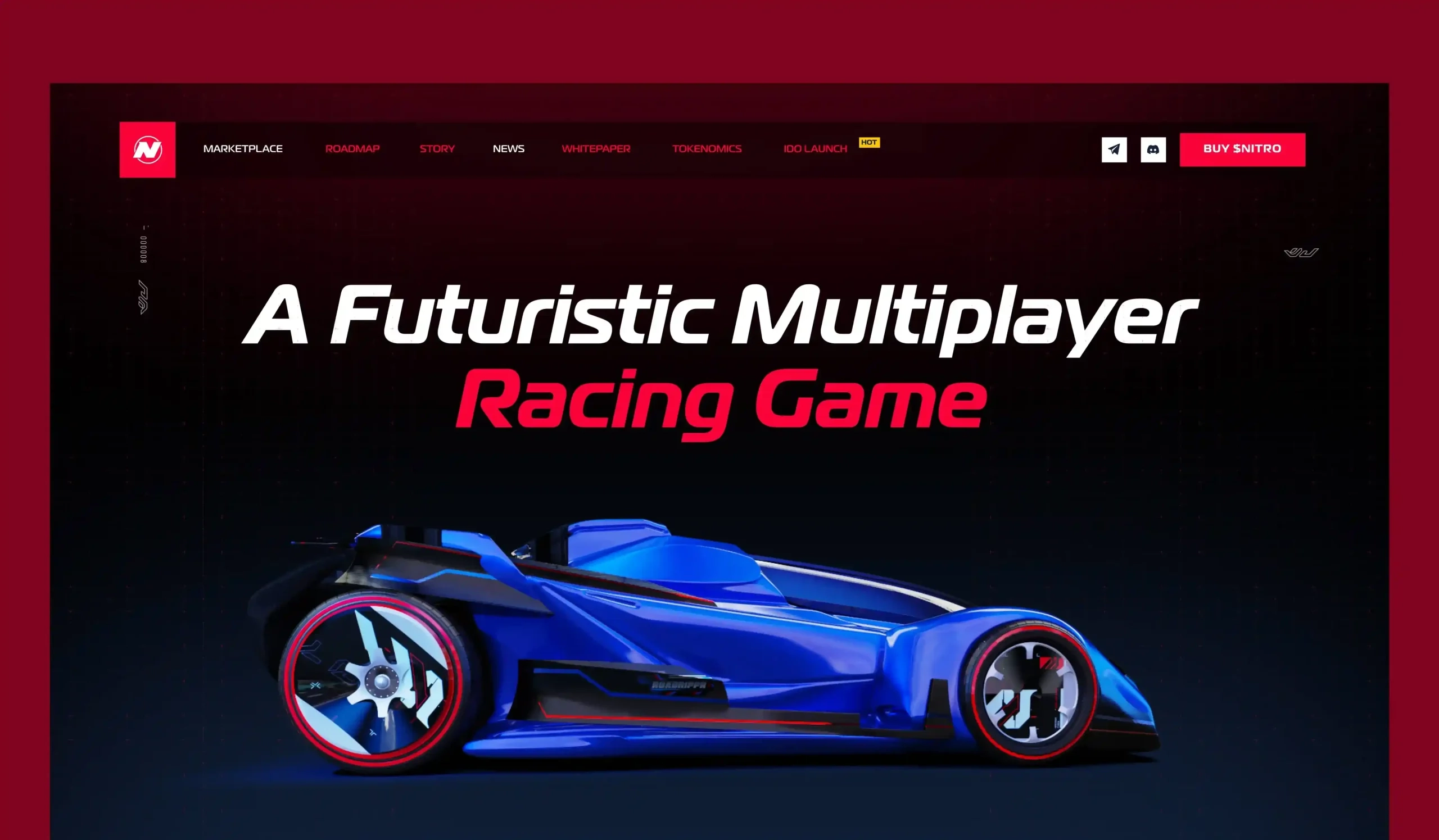 Nitro League marketing website hero: "A Futuristic Multiplayer Racing Game" with a blue race car